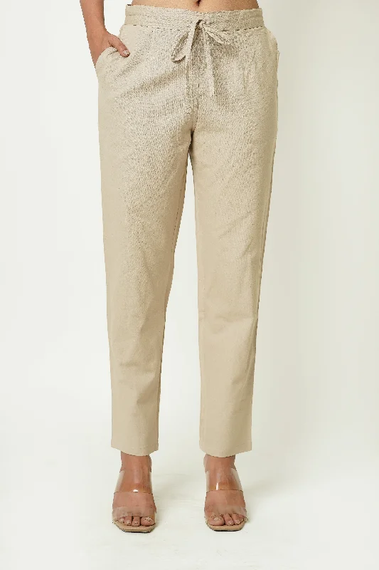 Skinny Pants-Beige Cotton Women's Trousers