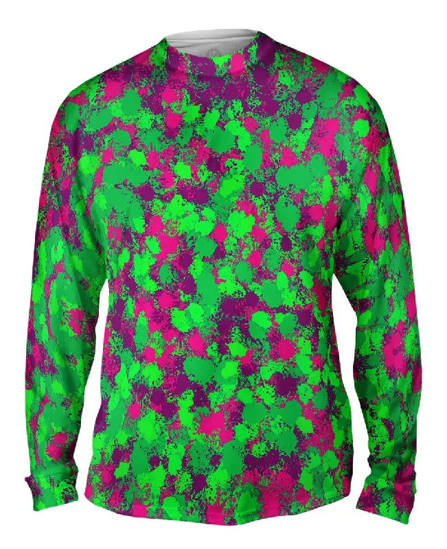 Comfortable Button-Up Long Sleeve-Paint Splatter Madness Green Pink