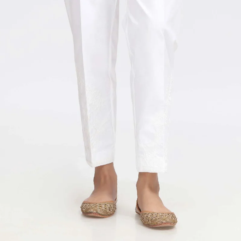 Lounge Pants-White Embroidered Cambric Slim Fit Trouser PW3673