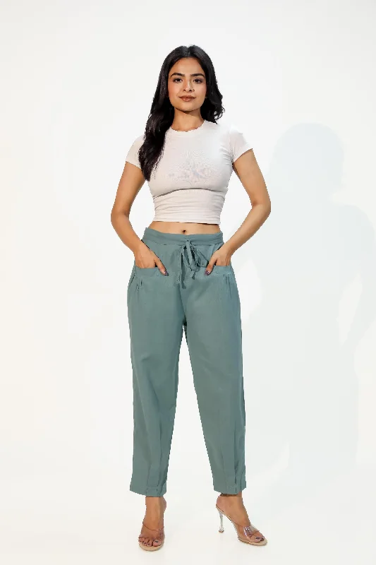 Slim Fit Cargo Pants-Teal Green Women's Pleated-Narrow Trousers