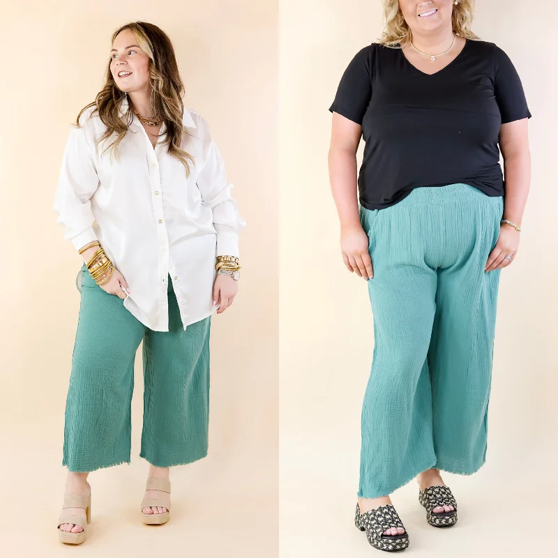 Comfortable Chino Pants-Right On Cue Elastic Waistband Cropped Pants with Frayed Hem in Dusty Green