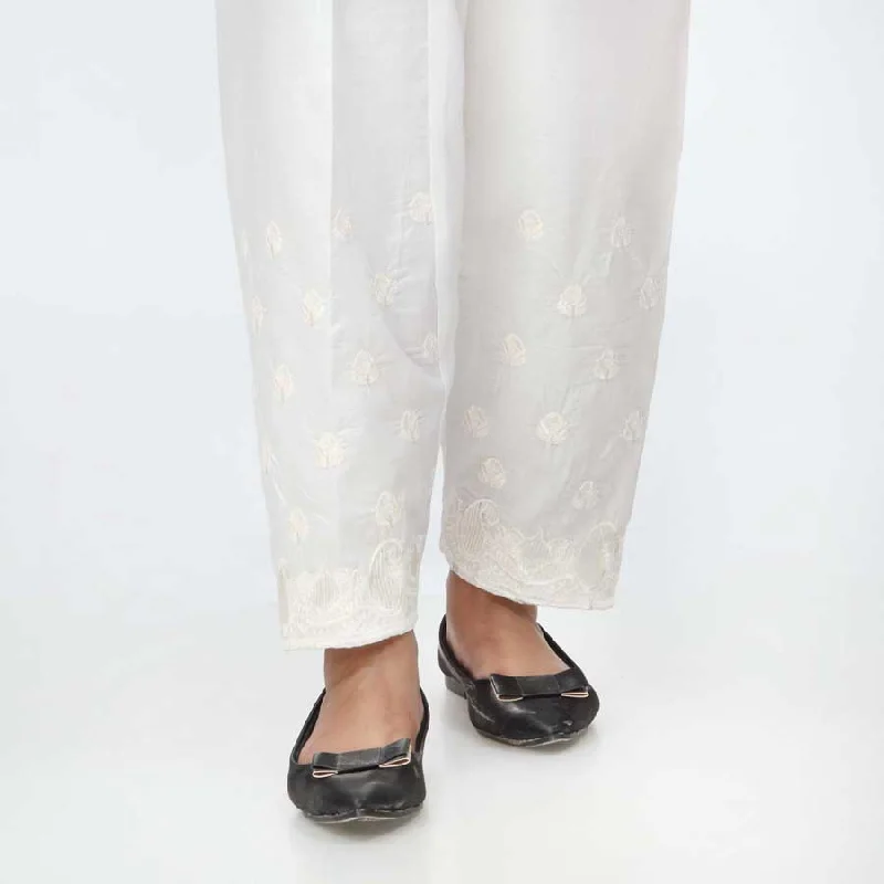 Flat-Front Pants-White Embroidered Cambric Shalwar PS4513