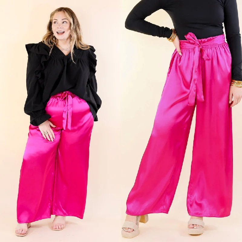 Light-Weight Jogger Pants-Dare To Dazzle Wide Leg Satin Pants with Waist Tie in Fuchsia Pink